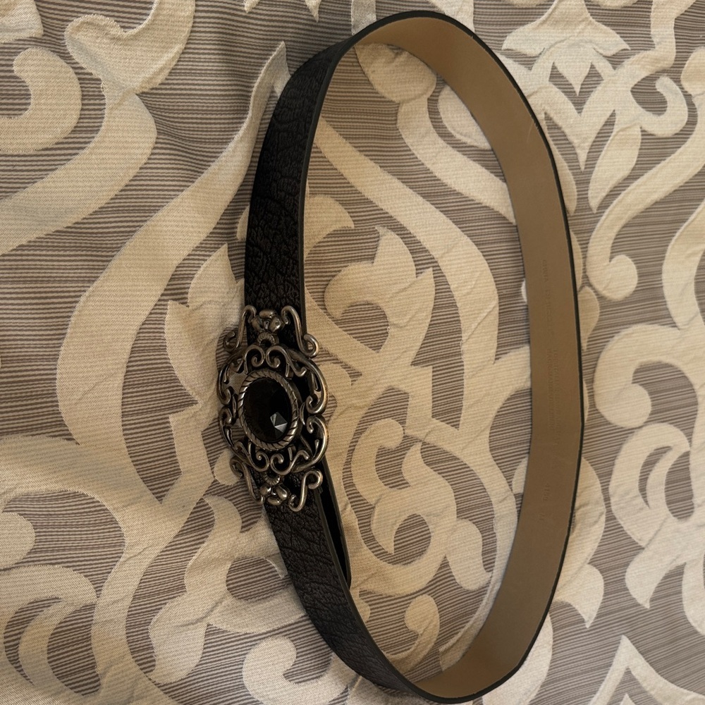 Chico's Black Belt with Intricate Silver Buckle